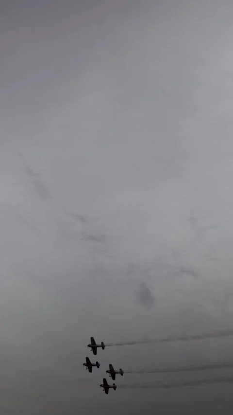 Vertical screen vintage planes fly in tight formation slicing through moody over 库存影片 311150098