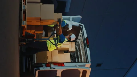 Vertical Screen Warehouse Workers Loading Van Stock Footage 157121706