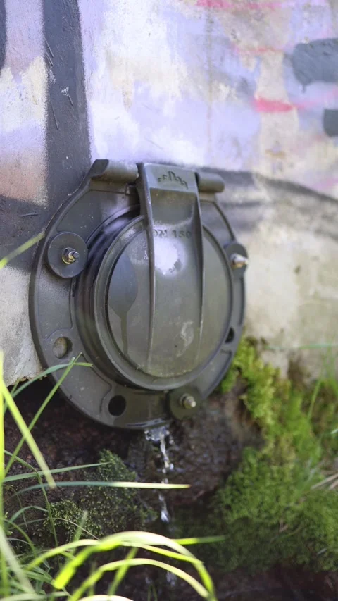 Vertical screen water slowly leaks from industrial drainage valve on weathered g Stock Footage 309327220