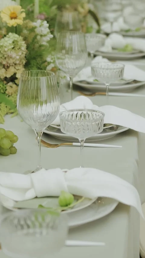 Vertical screen: wedding decor. Elegant outdoor dining area with beautiful fresh Stock Footage 308398766