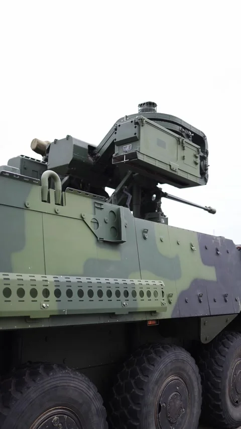 Vertical screen wheeled air defense system with radar turret and missile launche Stock Footage 311149779