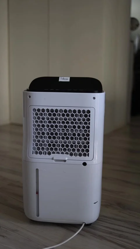 Vertical screen white air dehumidifier with honeycomb back filter standing on wo Stock Footage 318867701