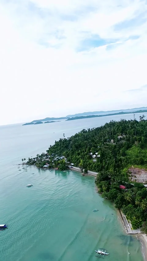 Vertical screen wide aerial view of tropical bay with boats and green coastline Stock-Footage 318725012
