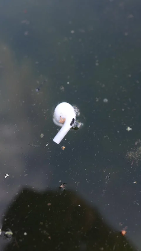 Vertical screen wireless earbud floating in dirty pond water lost tech moment wh Stock Footage 306007387