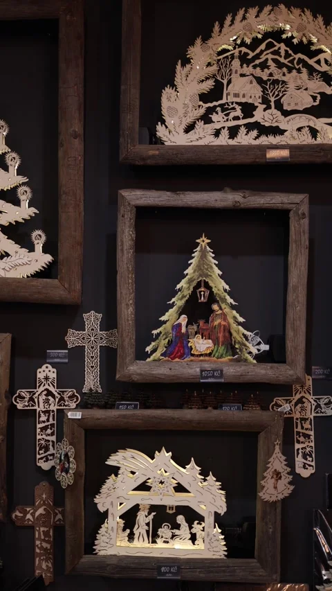 Vertical screen wooden frames with illuminated Christmas decorations handcrafted Stock Footage 317506462
