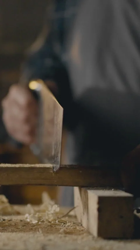 Vertical screen. Woodworking. A carpenter hand saws a board in his cabinet s Stock Footage 331737895
