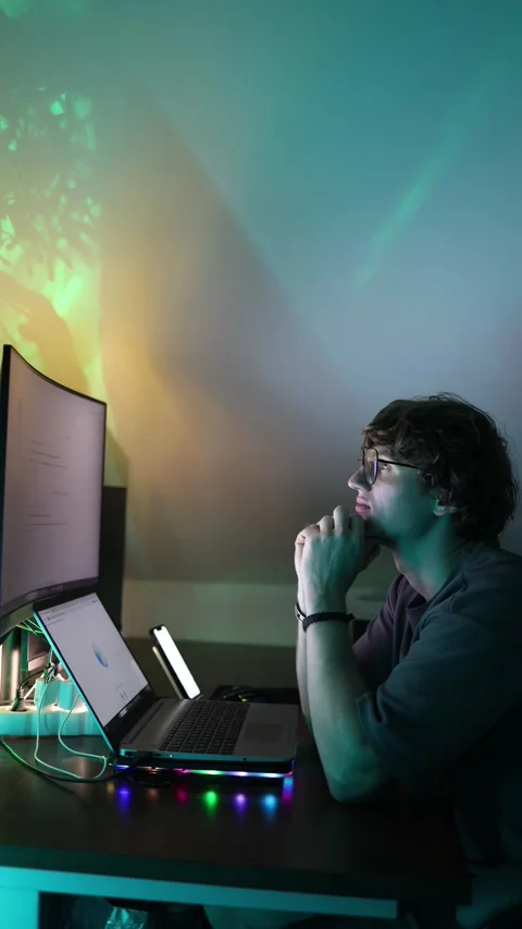 Vertical screen young man in glasses sits at desk smiling thoughtfully at monito Vidéo 316878080