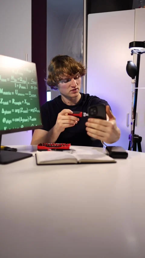 Vertical screen young scientist records video blog while testing experimental AI Stock Footage 323270214