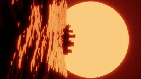 Vertical seamless animation concept of vessel against huge orange sun in sea Stock Footage 233084397