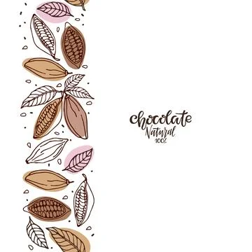 Vertical Seamless border with Cocoa beans. Hand drawn sketch and Chocolate text Stock Illustration