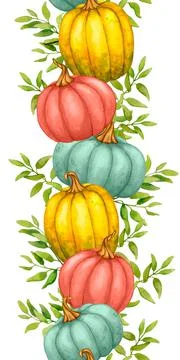 Vertical seamless border with pumpkins and foliage. Watercolor clip art. Stock Illustration