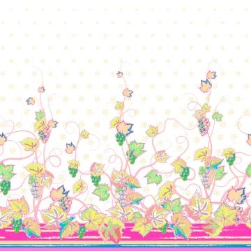 Vertical Seamless green floral pattern with grape, leaves and flowers. Hand Stock Illustration