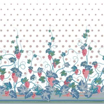Vertical Seamless green floral pattern with grape, leaves and flowers. Hand Stock Illustration