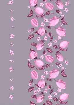 Vertical Seamless Pattern with fresh lemons on the branches and flowers in pu Stock Illustration