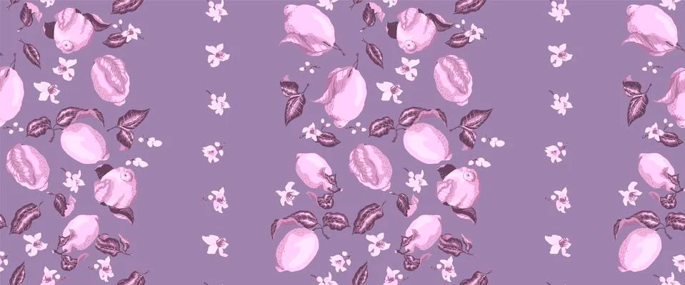 Vertical Seamless Pattern with fresh lemons on the branches and flowers in pu Stock Illustration