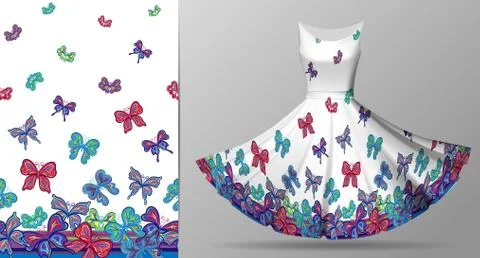 Vertical seamless pattern with hand draw butterfly on dress mockup. Vector Stock Illustration