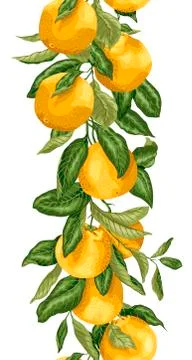 Vertical seamless pattern with a line made of orange fruit tree branch in ver Stock Illustration