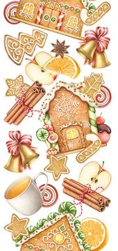 Vertical seamless pattern with watercolor gingerbread cookies and sweets Illustrazione stock