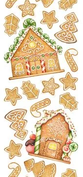 Vertical seamless pattern with watercolor gingerbread cookies and houses 스톡 일러스트
