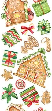 Vertical seamless pattern with watercolor gingerbread cookies and sweets Stock Illustration