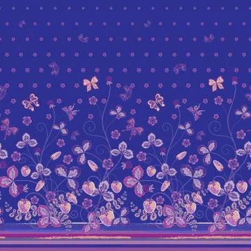 Vertical Seamless spring dark blue floral pattern with strawberries and leaves Illustrazione stock