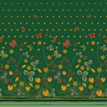 Vertical Seamless spring dark floral pattern with orange strawberries and Stock Illustration
