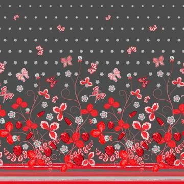 Vertical Seamless spring dark gray floral pattern with red pinkstrawberries Illustrazione stock