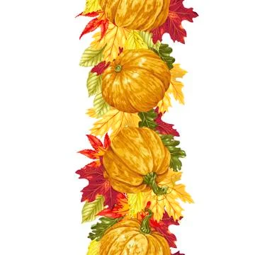 Vertical seamless vector line with autumn leaves and pumpkins Stock Illustration