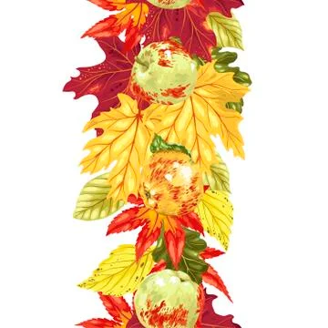 Vertical seamless vector line with autumn leaves and apples Stock Illustration