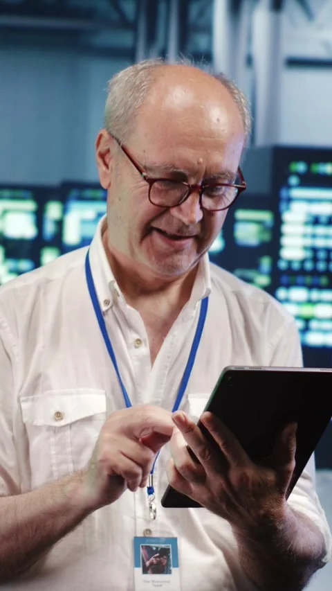 Vertical Senescent employee optimizes data center Stock Footage 247622927