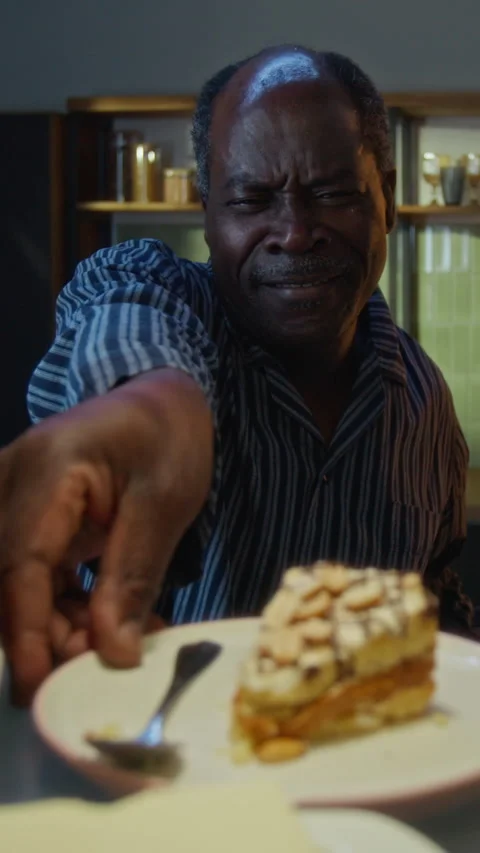 Vertical of Senior Black Man Grabbing Sweet Cake from Fridge for Midnight Snack Stock Footage 342250653