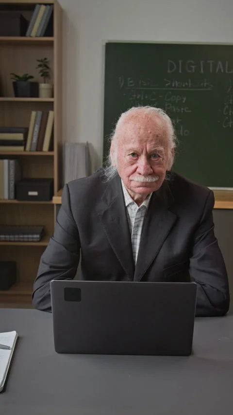 Vertical of Senior Man Looking at Camera in Computer Class Stock Footage 333711257