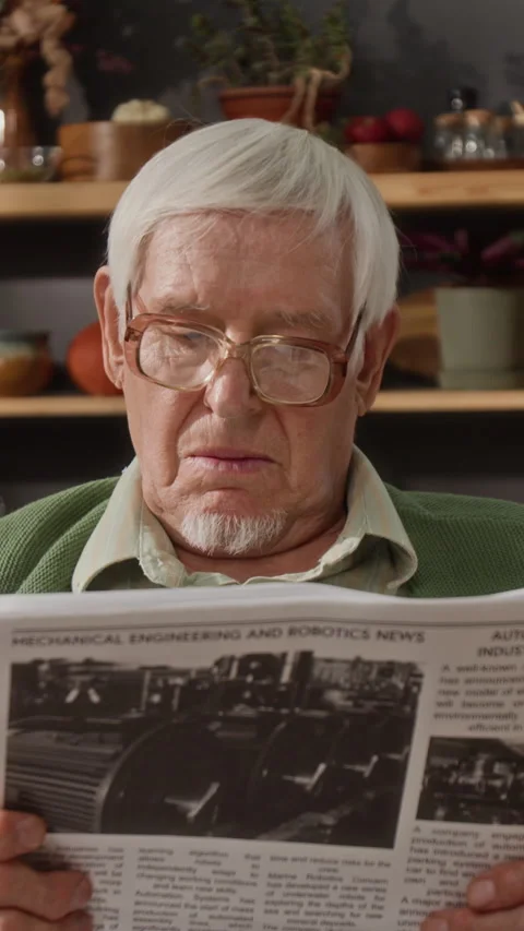 Vertical of Senior Man Wearing Glasses Reading Robotics Engineering News Stock Footage 341394053