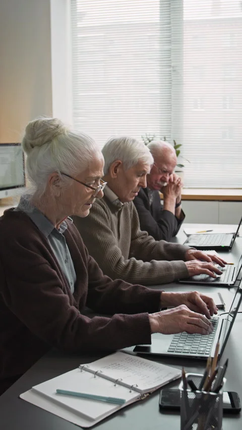 Vertical of Seniors in Row in Computer Class Stock Footage 333709456