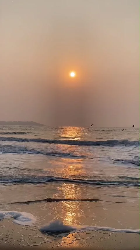 Vertical Serene Beach Waves and Golden Sun Stock Footage 332822706