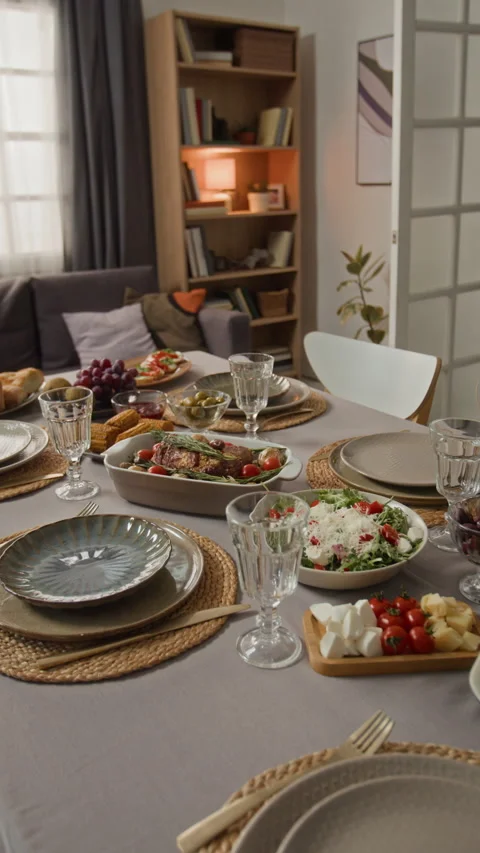 Vertical of Served Dinner Table with Delicious Food Waiting for Holiday Feast Stock Footage 340339587