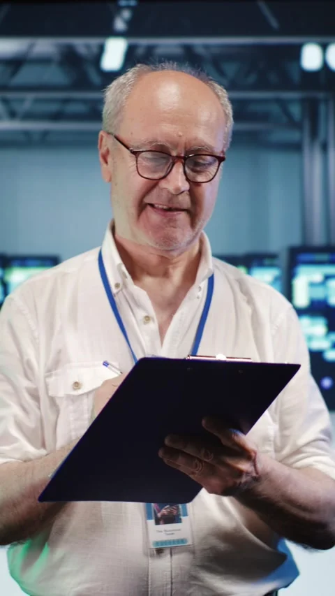 Vertical Serviceman crosschecking server parts Stock Footage 247622185