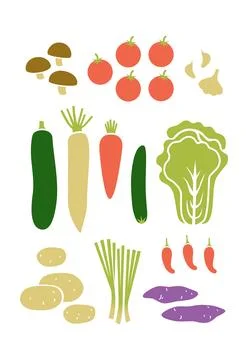 Vertical set of food. Vegetables, roots, mushrooms. Vector flat illustratio.. Stock Illustration