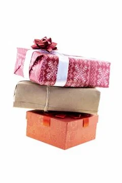 Vertical set stack gift box gift orange kraft red white background holiday Stock Photos