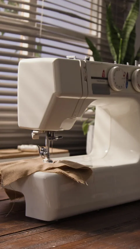 Vertical of Sewing Machine with Fabric Waiting for Creative Diy Crafting Stock Footage 341939371