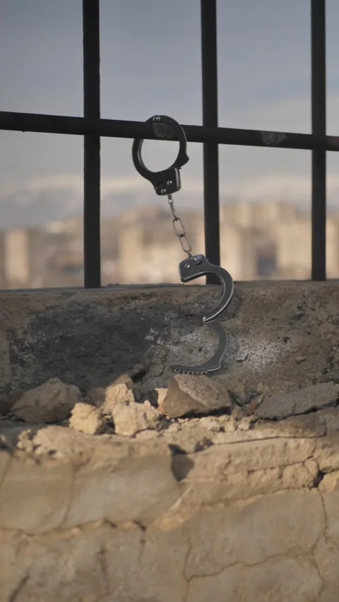Vertical: Shiny handcuffs hanging on a prison cage are unfastened. The concept o Stock Footage 264640662