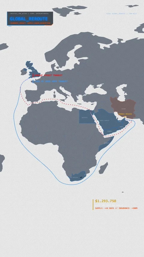 Vertical Shipping Blockage Map - Global Trade Route Disruption Alert Video stock 332025461