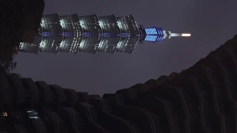 Vertical shot of 101 Building with light in clear Taipei night Stock Footage 104943005
