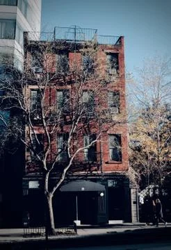 Vertical shot of an apartment with leafless trees in front of it Stock Photos