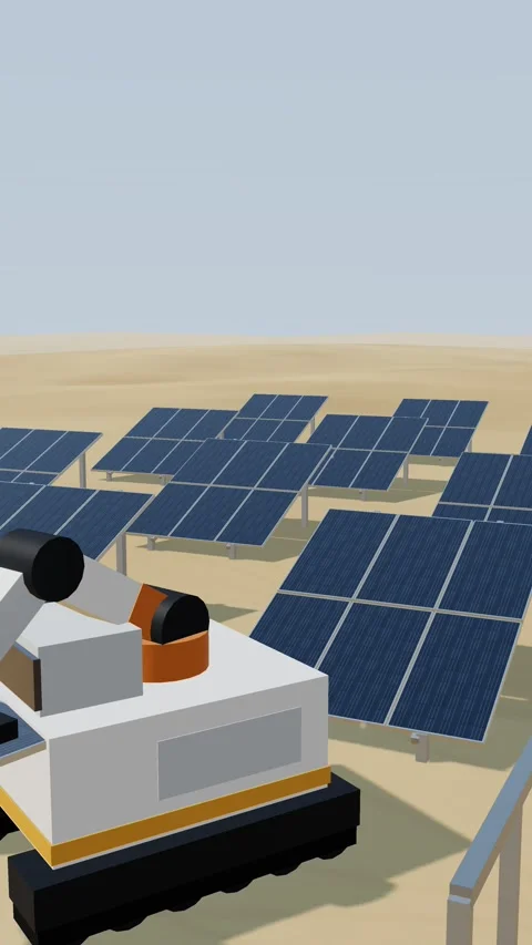 Vertical shot of an autonomous robot installing a solar panel in the desert Stock Footage 340329571