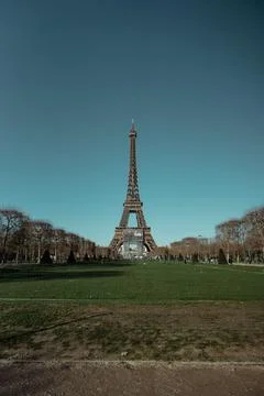 Vertical shot of the beautiful Eiffel Tower with a green clearing in Paris, Fran Fotos de archivo