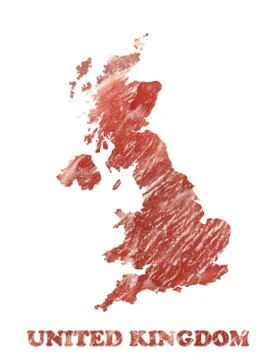 A vertical shot of a beef salami shaped like a United Kingdom map isolated on Stock Illustration