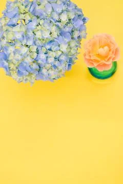 A vertical shot of blue hydrangea and polymer clay flower isolated on a yello Stock Photos