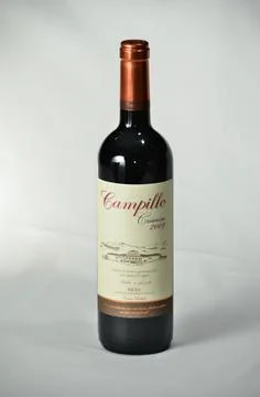 Vertical shot of a bottle of Campillo Crianza cherry red wine in a studio Stock Photos