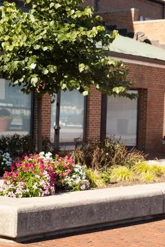 Vertical shot of a brick wall building and flower garden in the yard Fotos de archivo